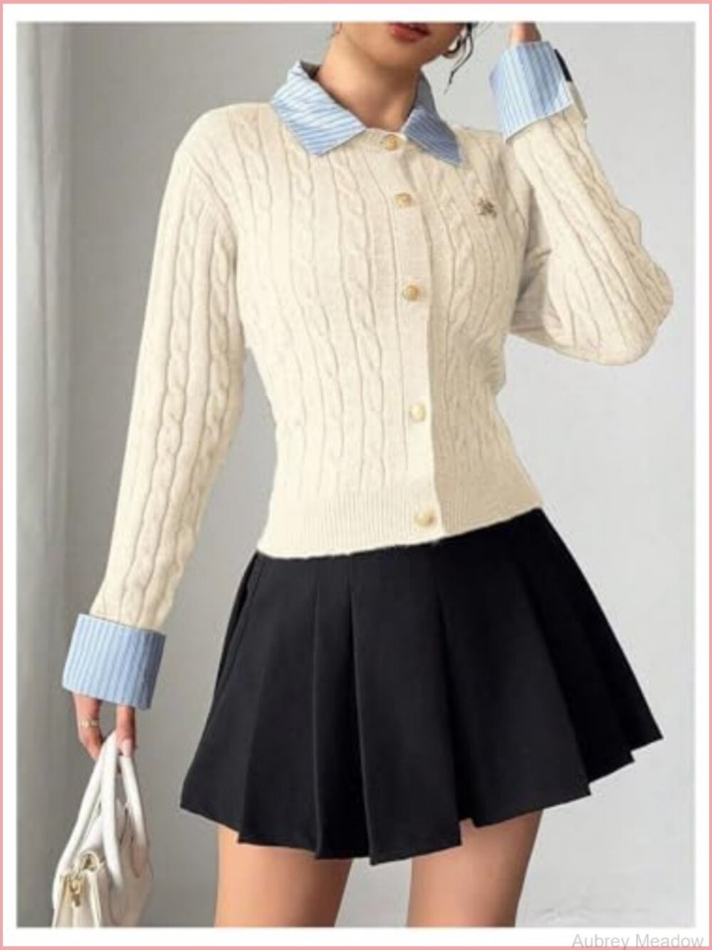 Cropped Collared Cable Knit Cardigan Button Down Long Sleeve Preppy Fall - Picture 3 of 5